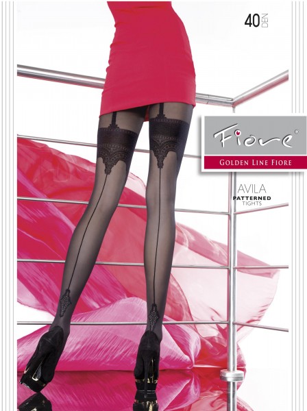 Fiore - Stylish mock suspender tights with back seam pattern Avila 40 DEN