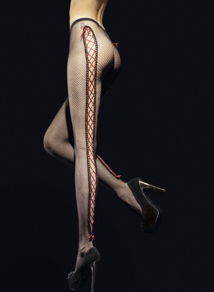 Fiore - Fishnet tights with sensuous cut-outs and red lace up ribbon