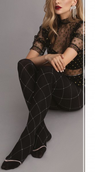 Fiore - Opaque black tights with white diamond pattern